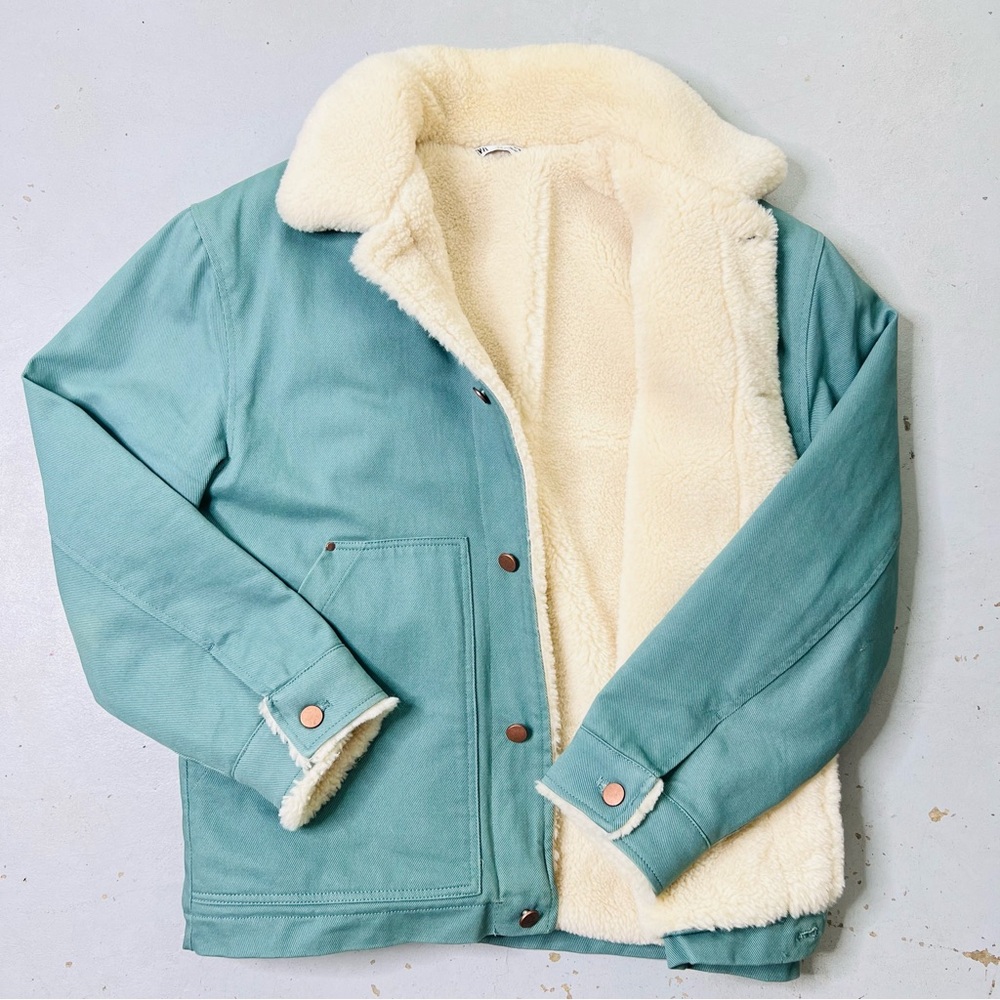 Zara Men’s Green Aqua Faux Sherpa Lined Heavy Denim Chore/Trucker Coat Medium - Picture 9 of 13